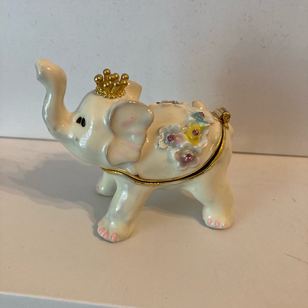 Elegant Cream Elephant Figurine Trinket with Gold Accents